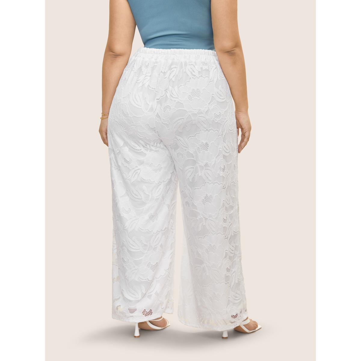 Plus Size Crochet Lace Mesh Wide Leg Pants Women WhiteSmoke Resort Wide Leg Mid Rise Vacation Pants BloomChic 12/L Product Image