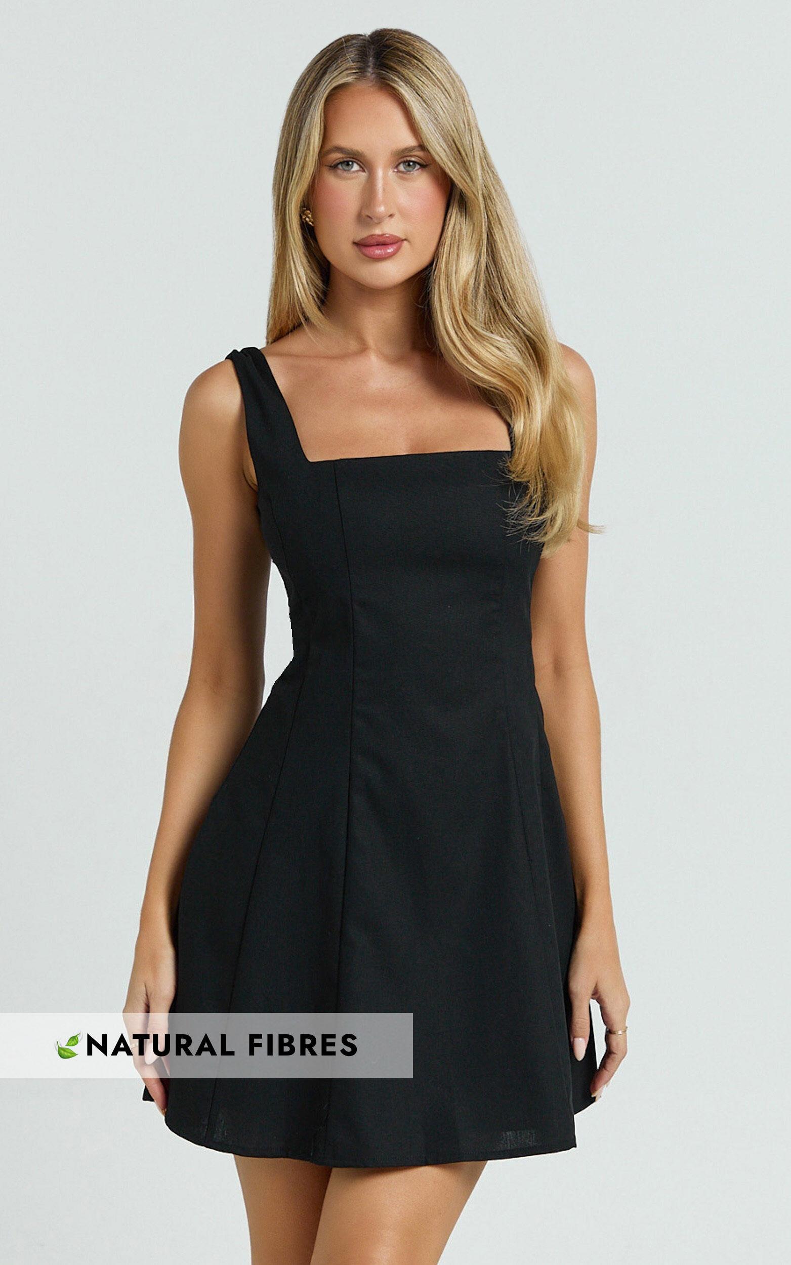 Adiana Mini Dress - Linen Square Neck Shirred Back A Line Dress in Black Product Image