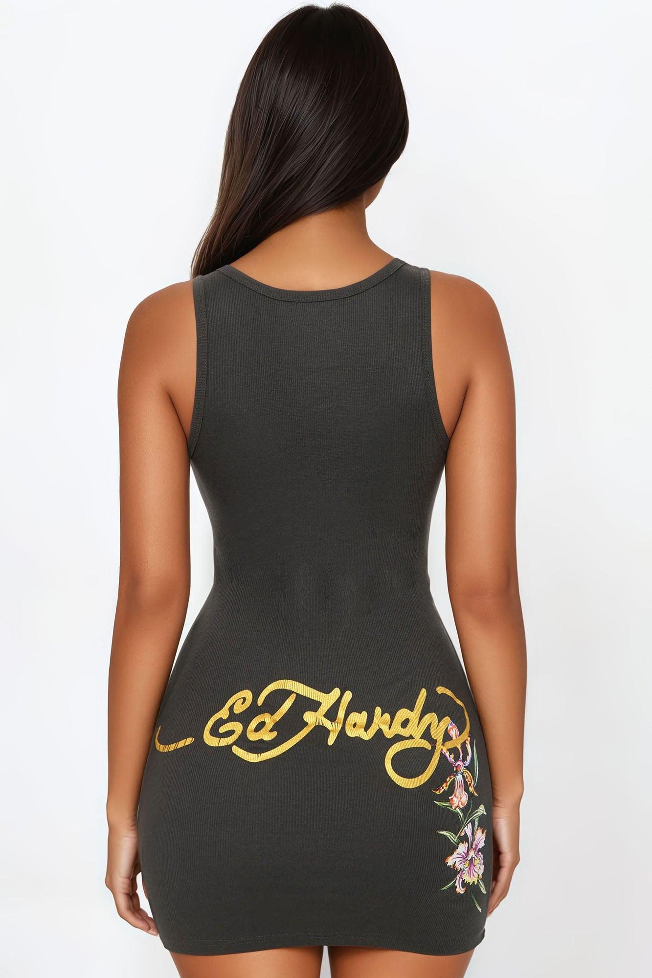 Ed Hardy Leopard Orchid Rib Tank Mini Dress - Charcoal Product Image