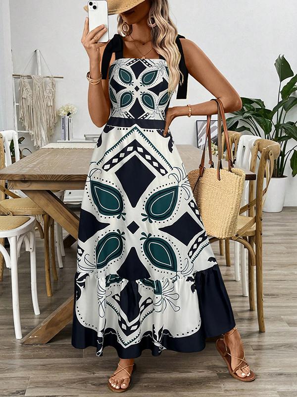 A-Line Loose Elasticity Flower Print Pleated Tied Spaghetti-Neck Midi Dresses Product Image
