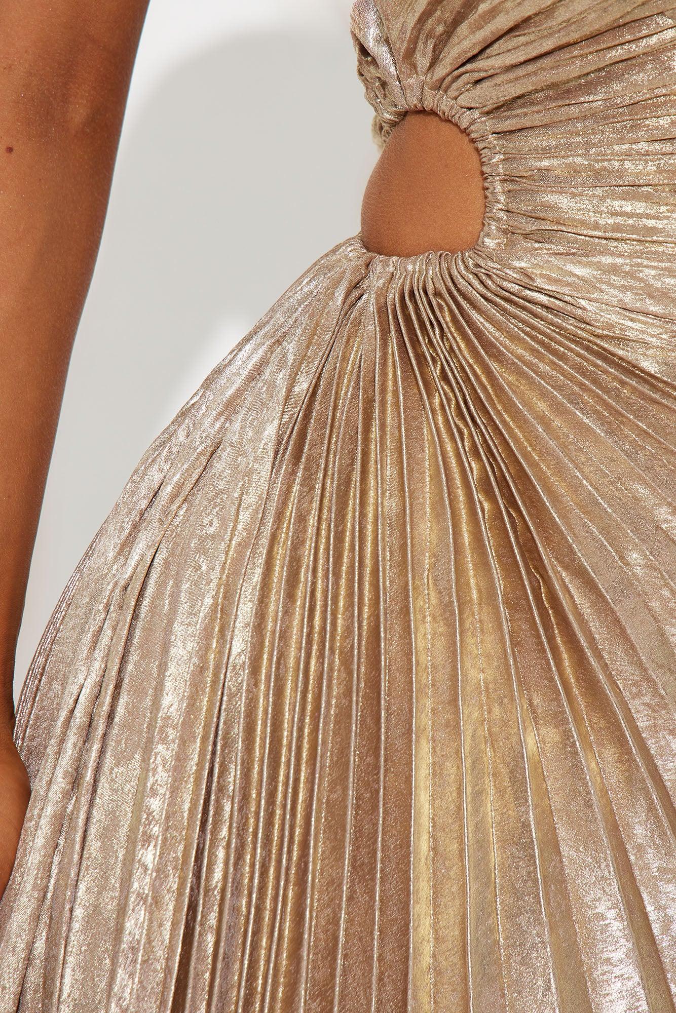 Athena One Shoulder Metallic Maxi Dress - Gold Product Image