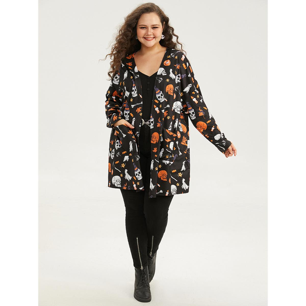 Plus Size Halloween Graphic Patched Pocket Tunic Kimono Women Black Casual Drape Pocket Dailywear Kimonos BloomChic 10/M Product Image