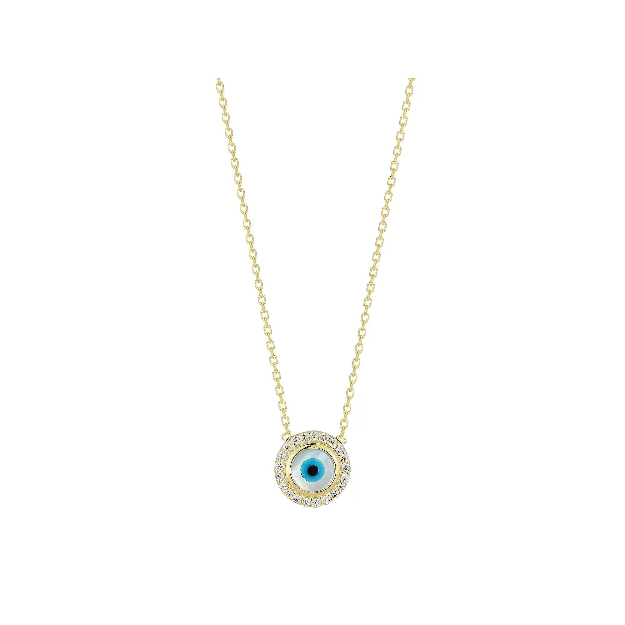 Sunkissed Sterling Mother-of-Pearl Evil Eye Cubic Zirconia Halo Necklace, Women's, Gold Tone Product Image
