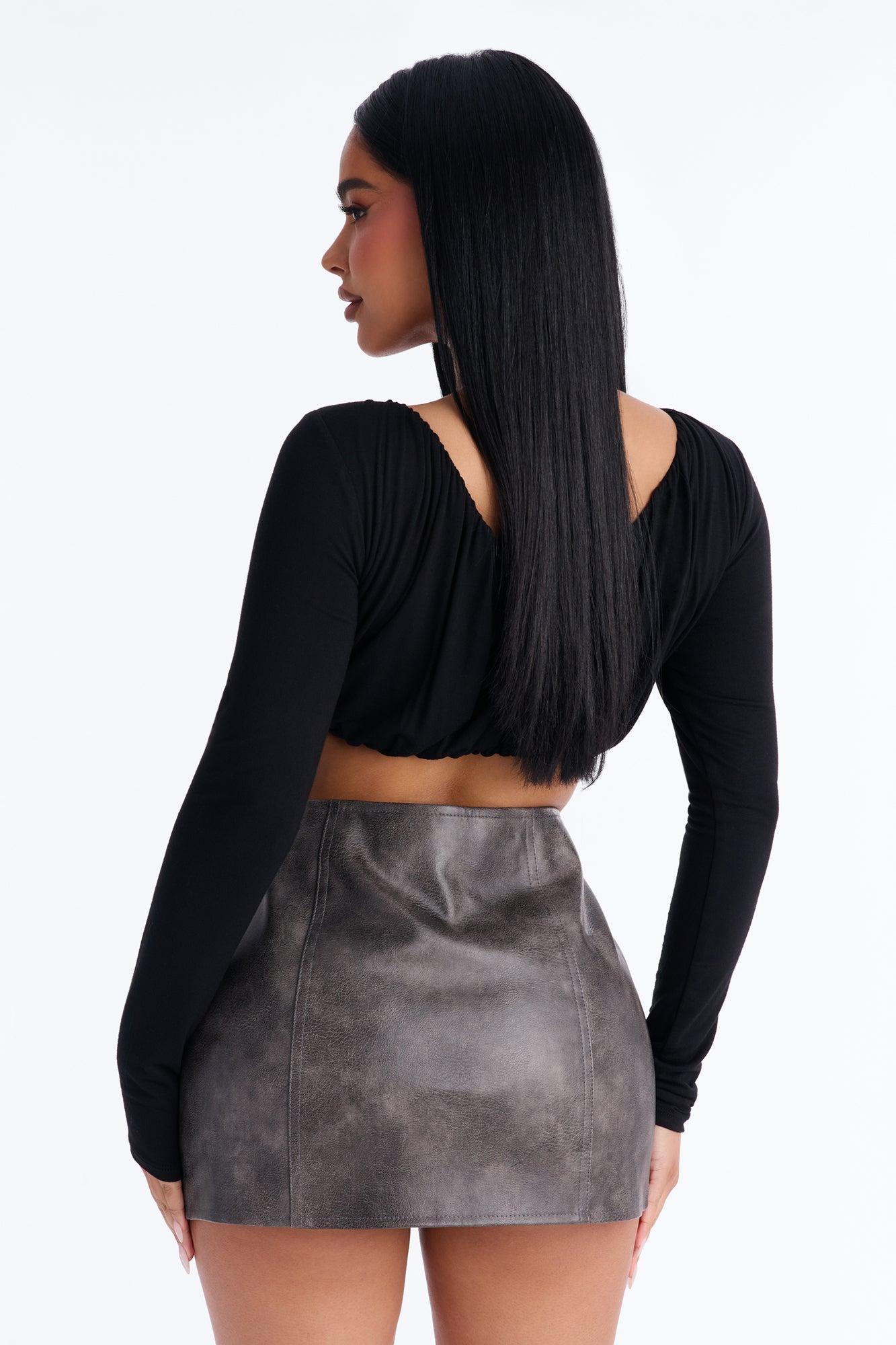 Skye Ruched Scoop Neck Long Sleeve Crop Top - Black Female Product Image
