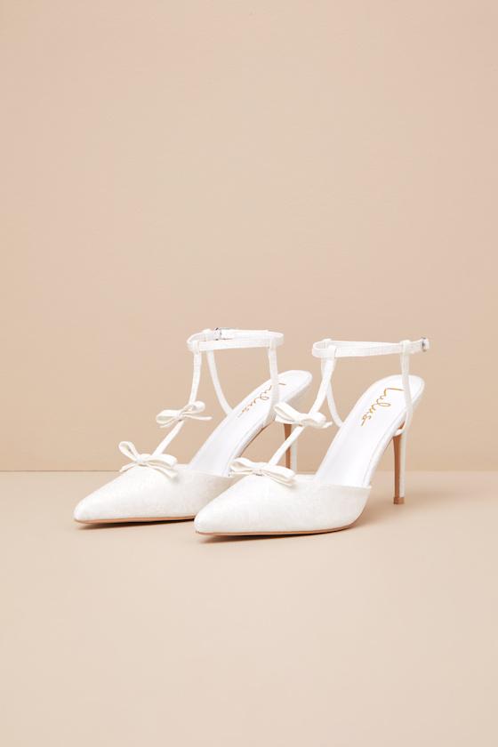 Kirbie White Satin T-Strap Bow Pumps Product Image