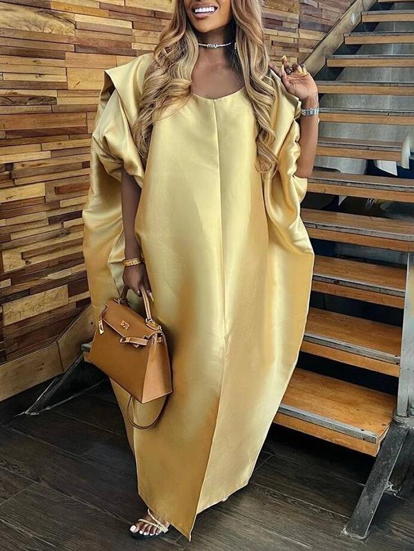 Half Sleeves Loose Elasticity Pleated Solid Color Split-Front V-Neck Maxi Dresses Product Image