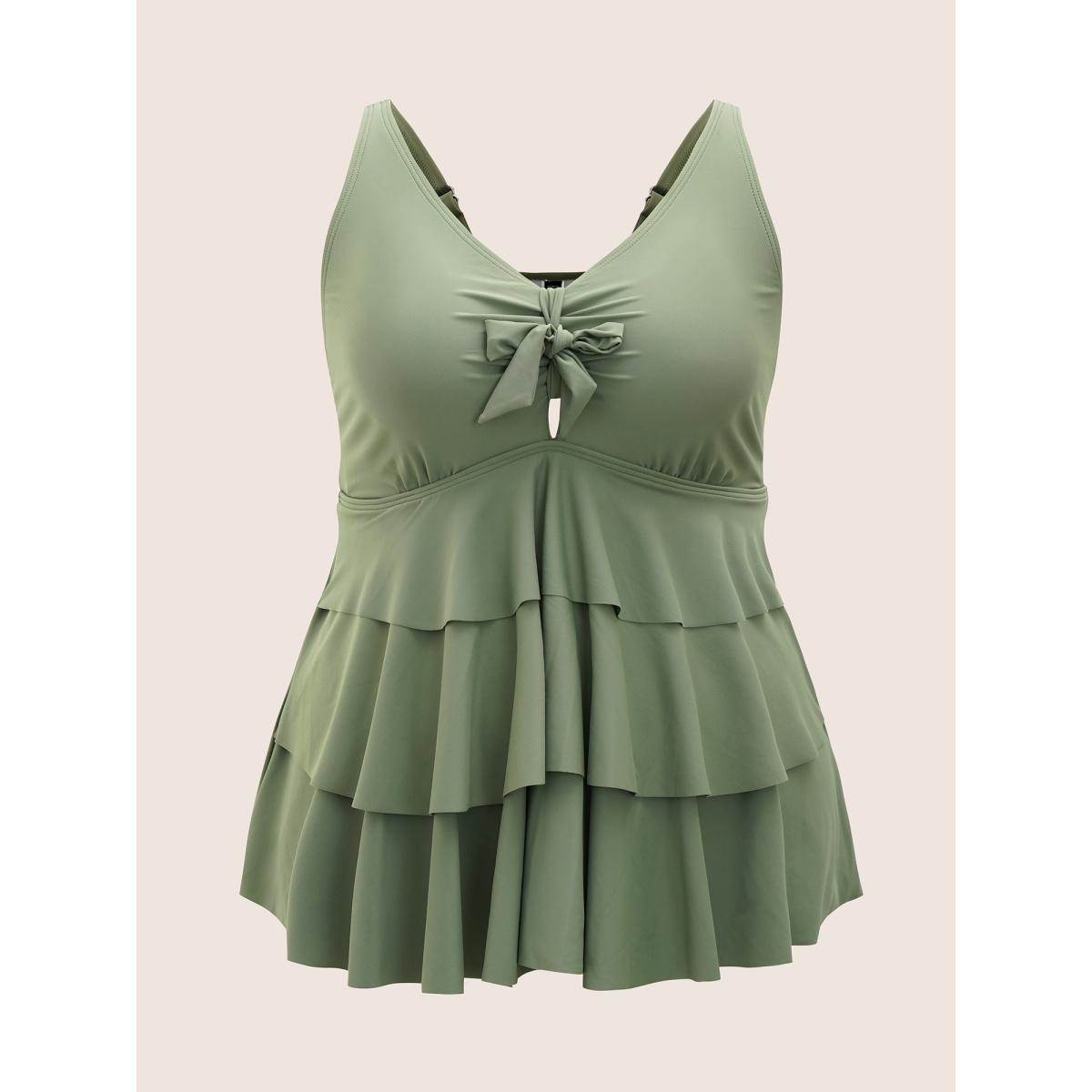 Plus Size Knotted Front Ruffle Tiered Tankini Top Women's Swimwear ArmyGreen Beach Ruffles High stretch Bodycon V-neck Curve Swim Tops BloomChic 26/4X Product Image