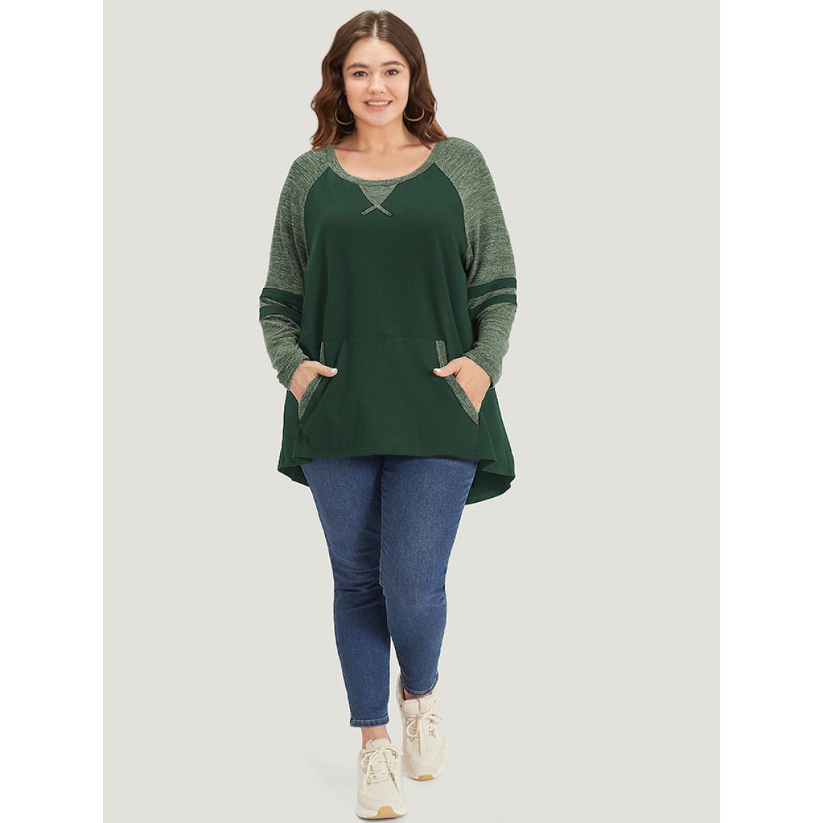 Plus Size Striped Contrast Pocket Raglan Sleeve High Low Hem Sweatshirt Women Green Casual Contrast Round Neck Everyday Sweatshirts BloomChic 10/M Product Image