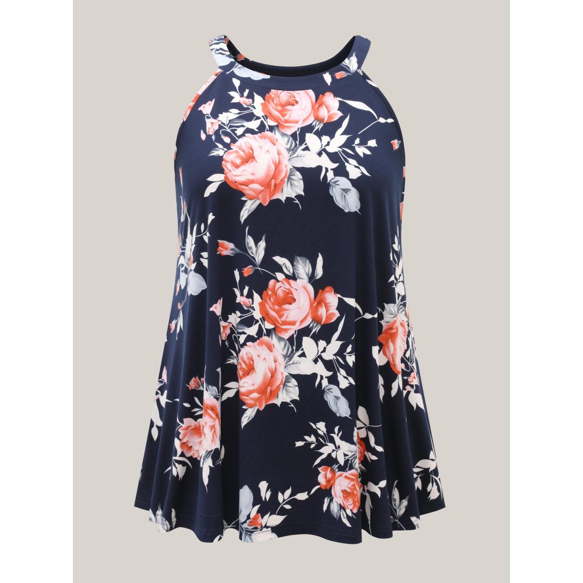 Plus Size Rosy Print Halter Neck Top Women Indigo Romantic Contrast Round Neck Elegant Tank Tops Camis BloomChic 30/6X Product Image
