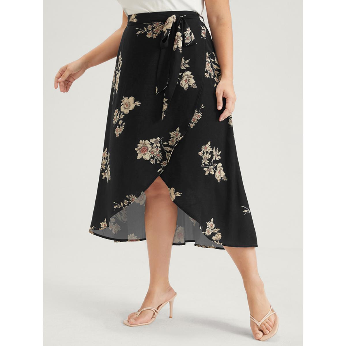 Plus Size Floral Knotted Elastic Waist Wrap Split Skirt Women Black Elegant Printed No stretch Belt Dailywear Skirts BloomChic 10/M Product Image