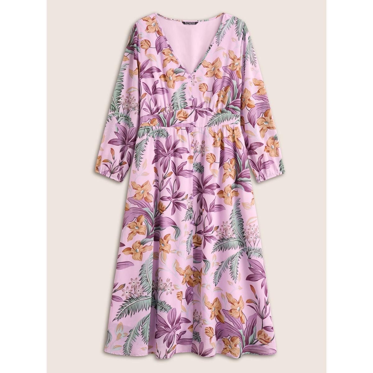 Plus Size Chiffon Floral Print Beaded Detail Elastic Cuffs Dress Lilac Women Elegant Non V-neck Long Sleeve Curvy Midi Dress BloomChic 18-20/2X Product Image