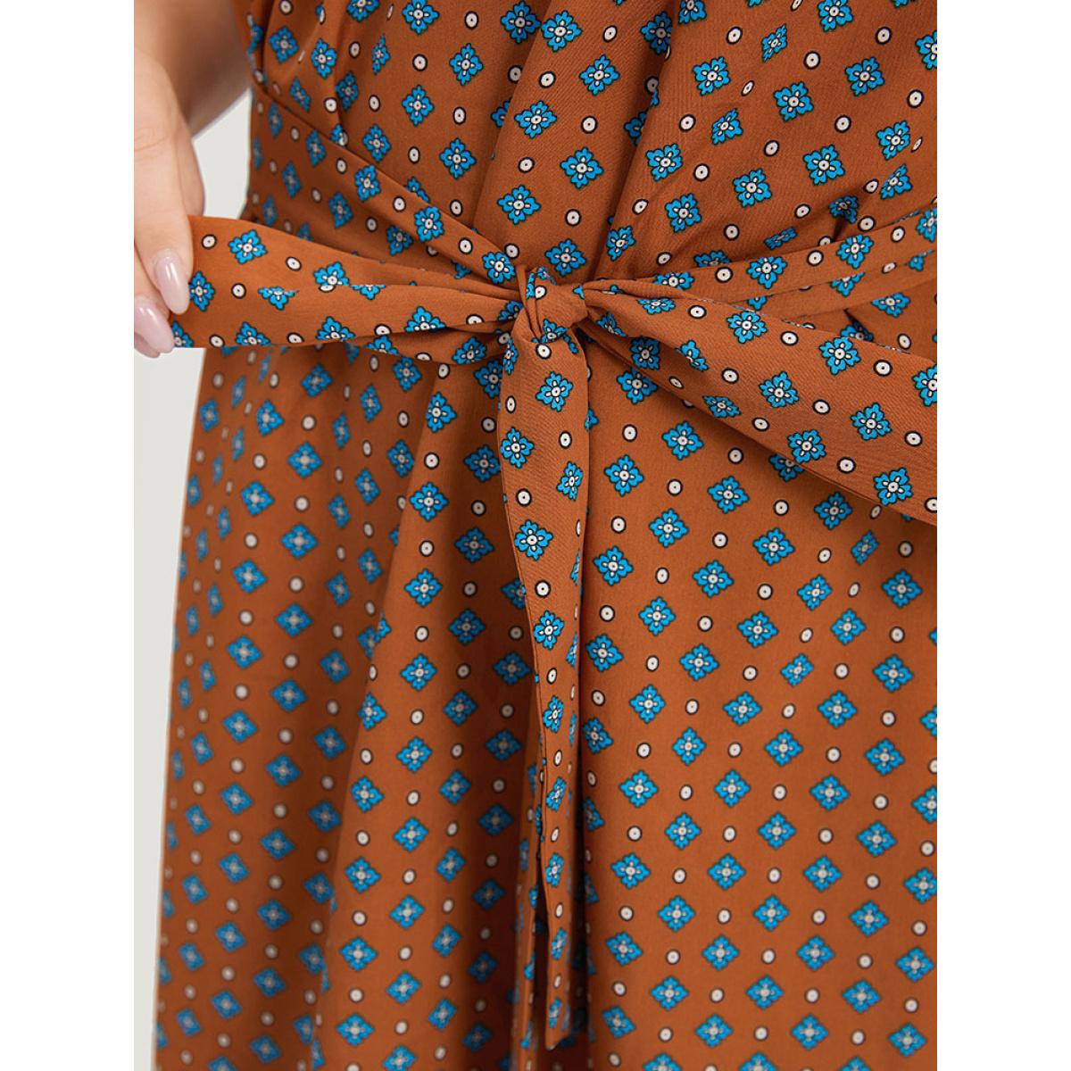 Plus Size Bandana Print Flutter Trim Pocket Belted Dress Chocolate Women Vacation Belted Round Neck Short sleeve Curvy Midi Dress BloomChic 14-16/1X Product Image
