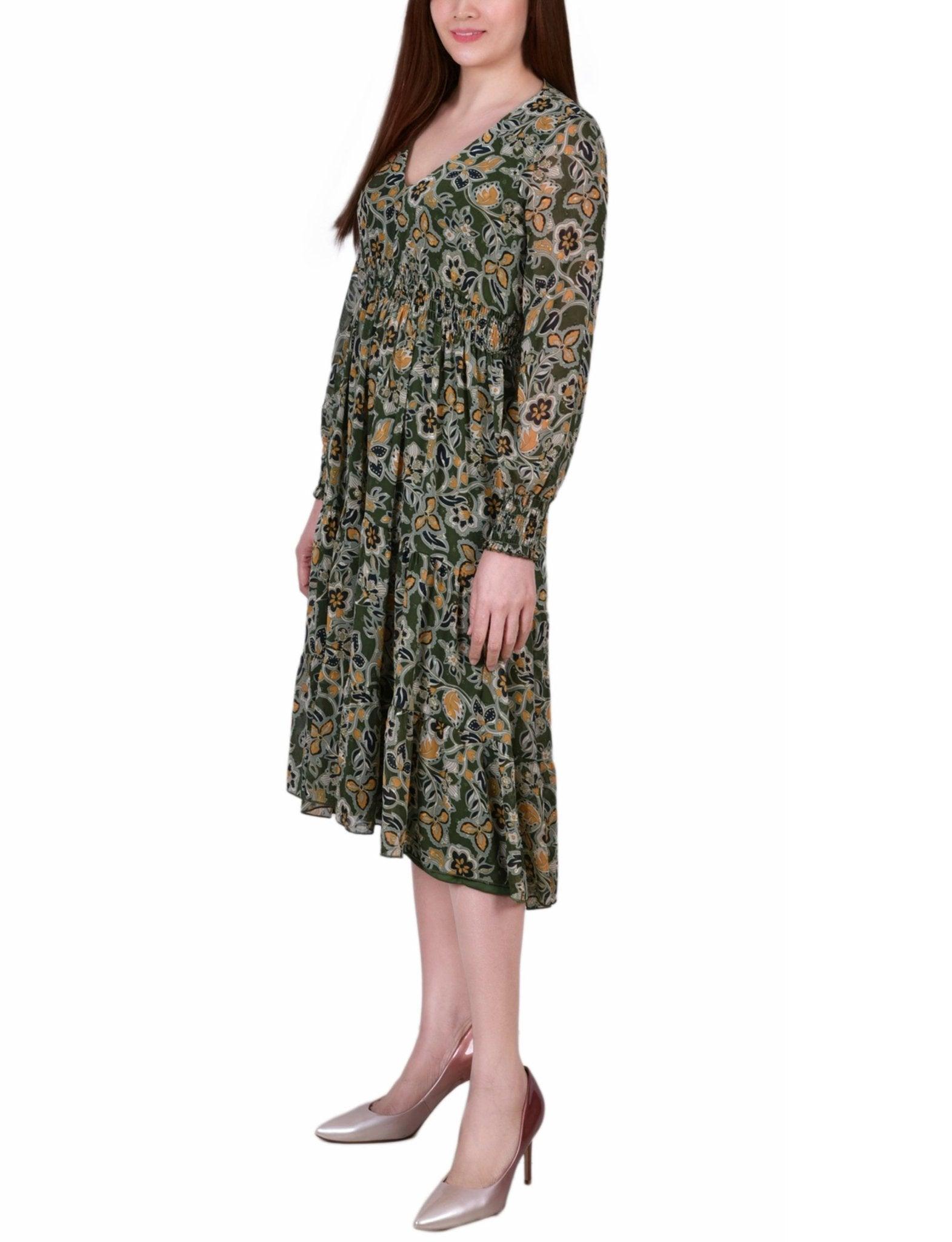 Olive Floral Long Sleeve Clip Dot Chiffon Dress With Smocked Waist and Cuffs - Petite Product Image