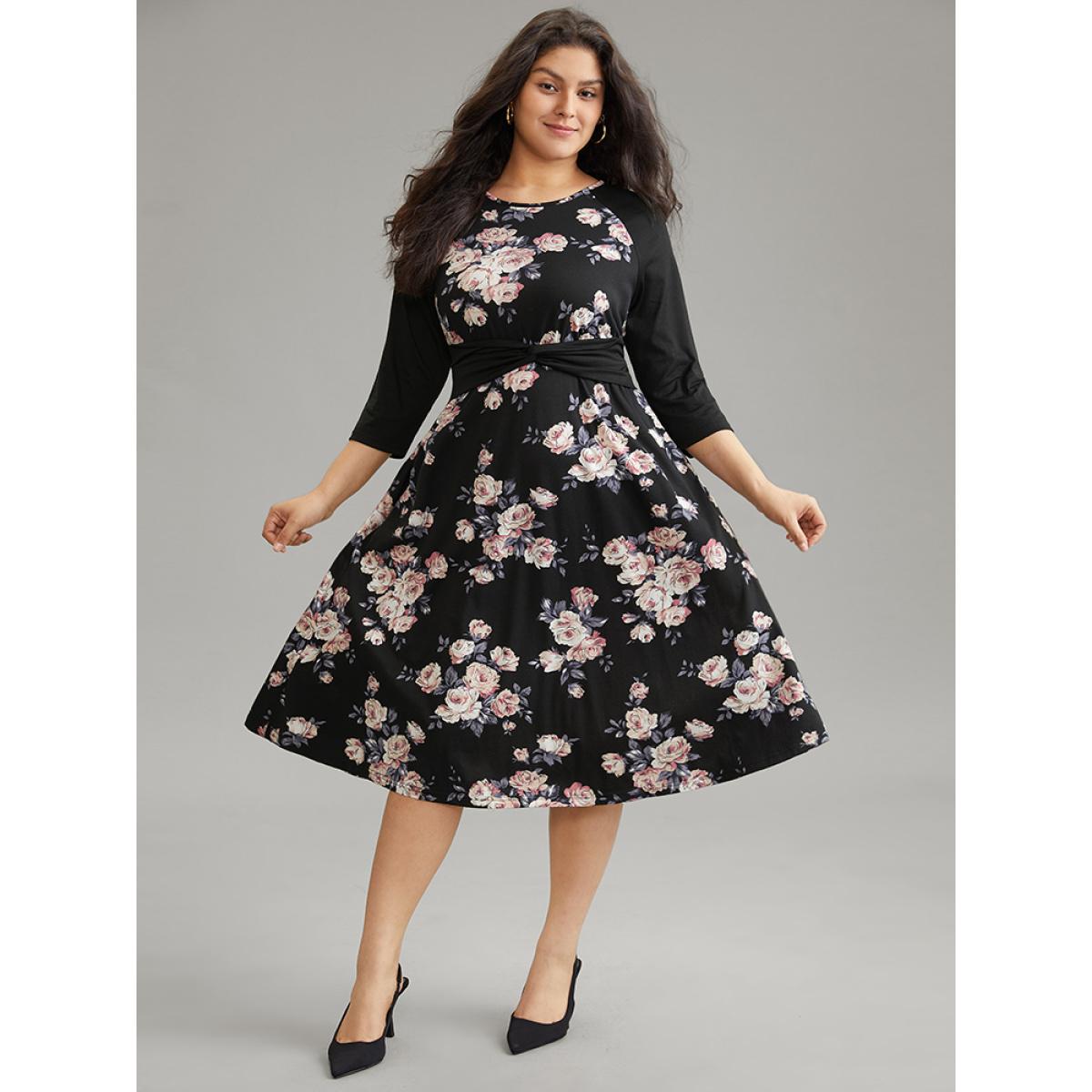 Plus Size Floral Twist Front Patchwork Raglan Sleeve Dress Black Women Elegant Contrast Round Neck Elbow-length sleeve Curvy Midi Dress BloomChic 14-16/1X Product Image