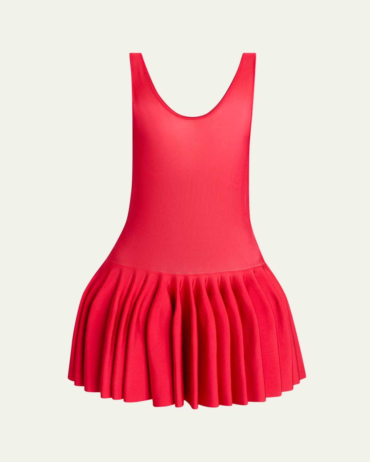 ALAÏA Sleeveless Drop-waist Flared Skirt Mini Dress In Rouge Product Image