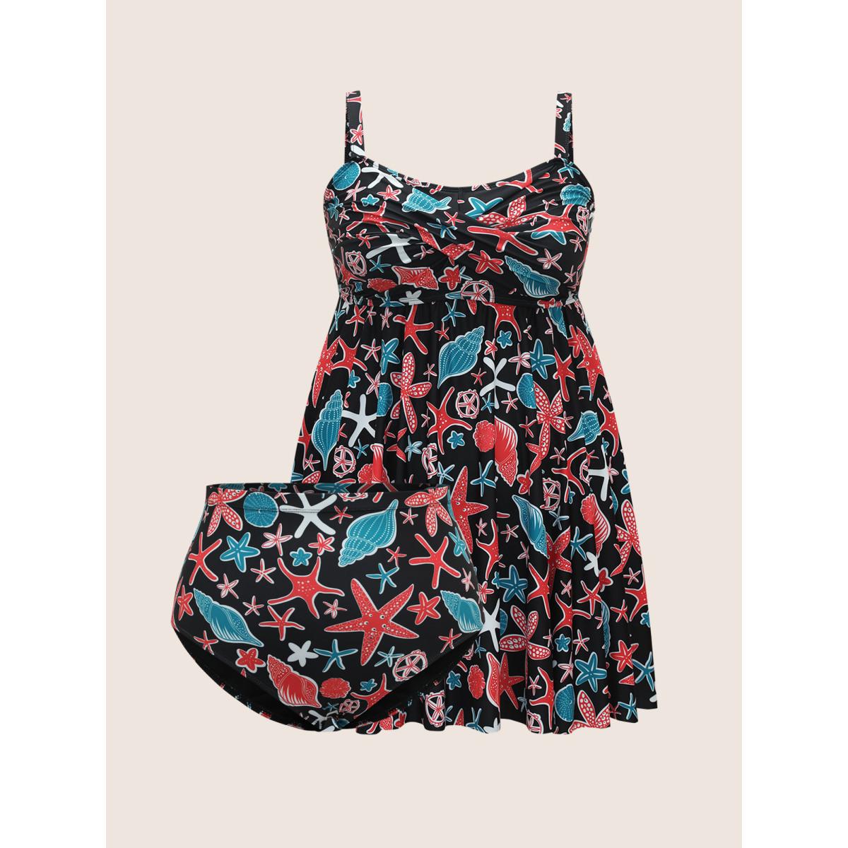 Plus Size Marine Elements Twist Front Gathered Swim Dress Women's Swimwear Black Beach Bodycon V-neck High stretch Curve Swim Dresses BloomChic 30/6X Product Image