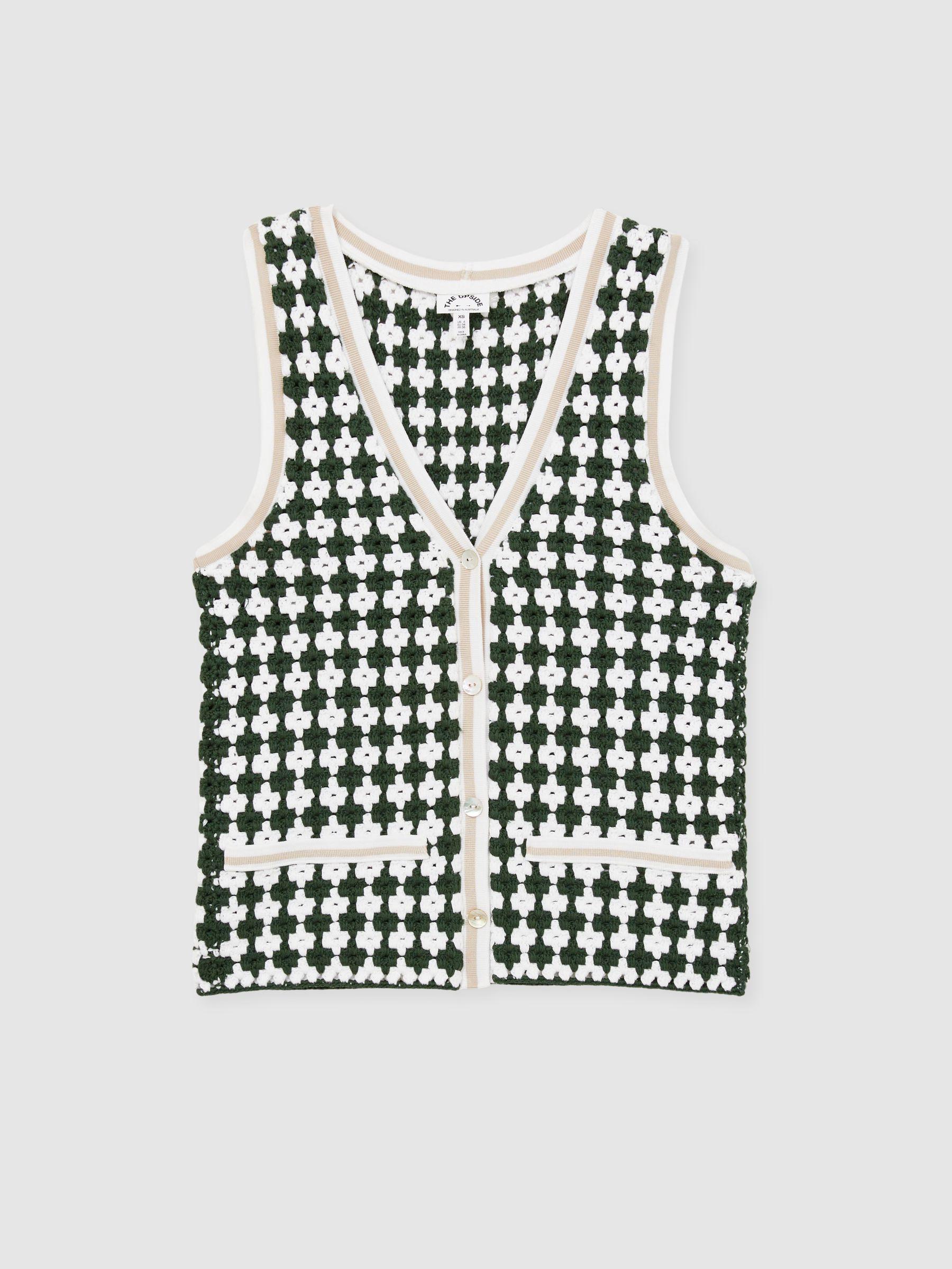 Crochet Button Through 100% Cotton Vest in Green Product Image