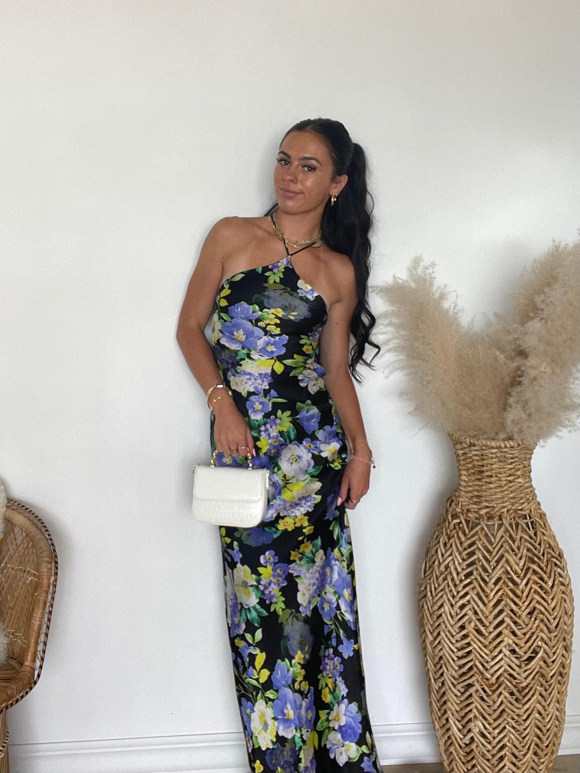 FINAL SALE Line & Dot | Bloom Halter Maxi Dress | Black Purple Multi Product Image