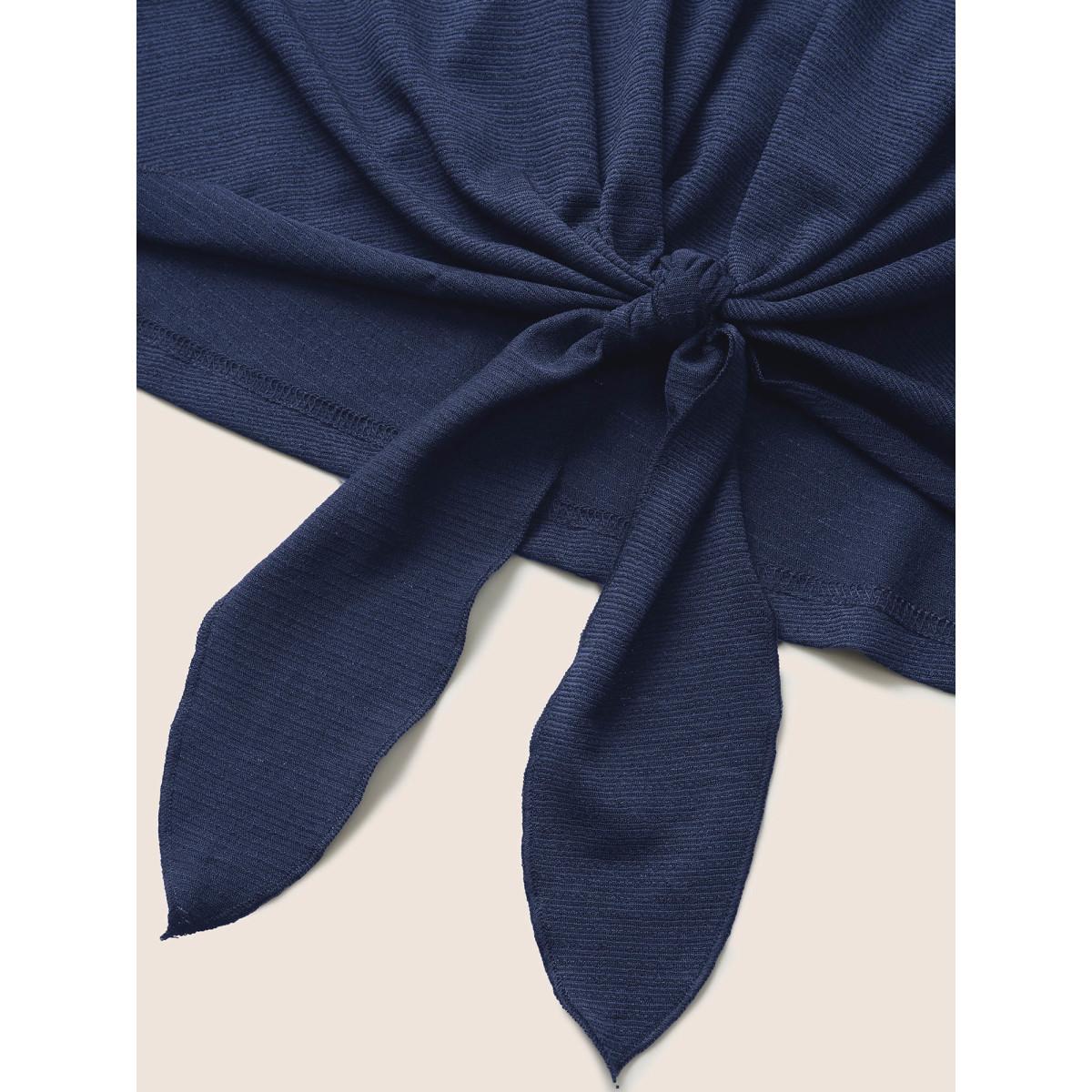 Plus Size Plain Twist Front Button Detail T-shirt Midnight Women Casual Tie knot Plain V-neck Everyday T-shirts BloomChic 10/M Product Image