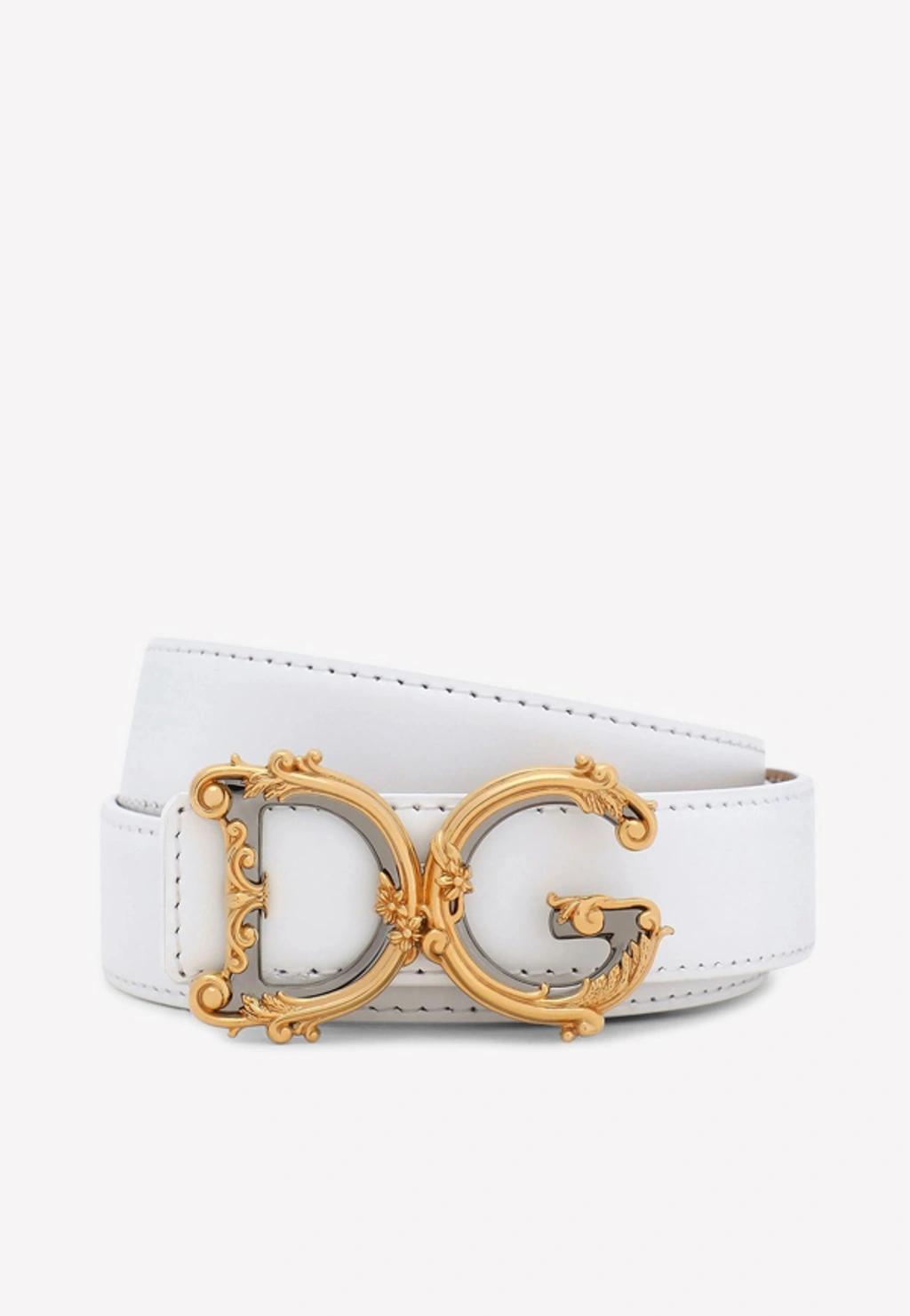 DOLCE & GABBANA Baroque Dg Logo Buckle Belt In Calf Leather In White Product Image