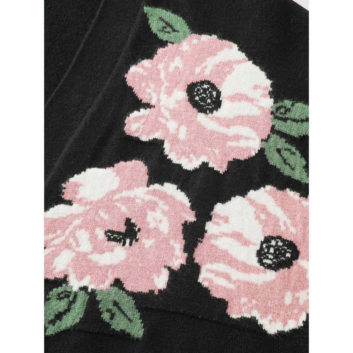 Plus Size Floral Jacquard Pattern Pockets Knit Cardigan Black Women Timeless Loose Long Sleeve Elegant Cardigans BloomChic 12/L Product Image
