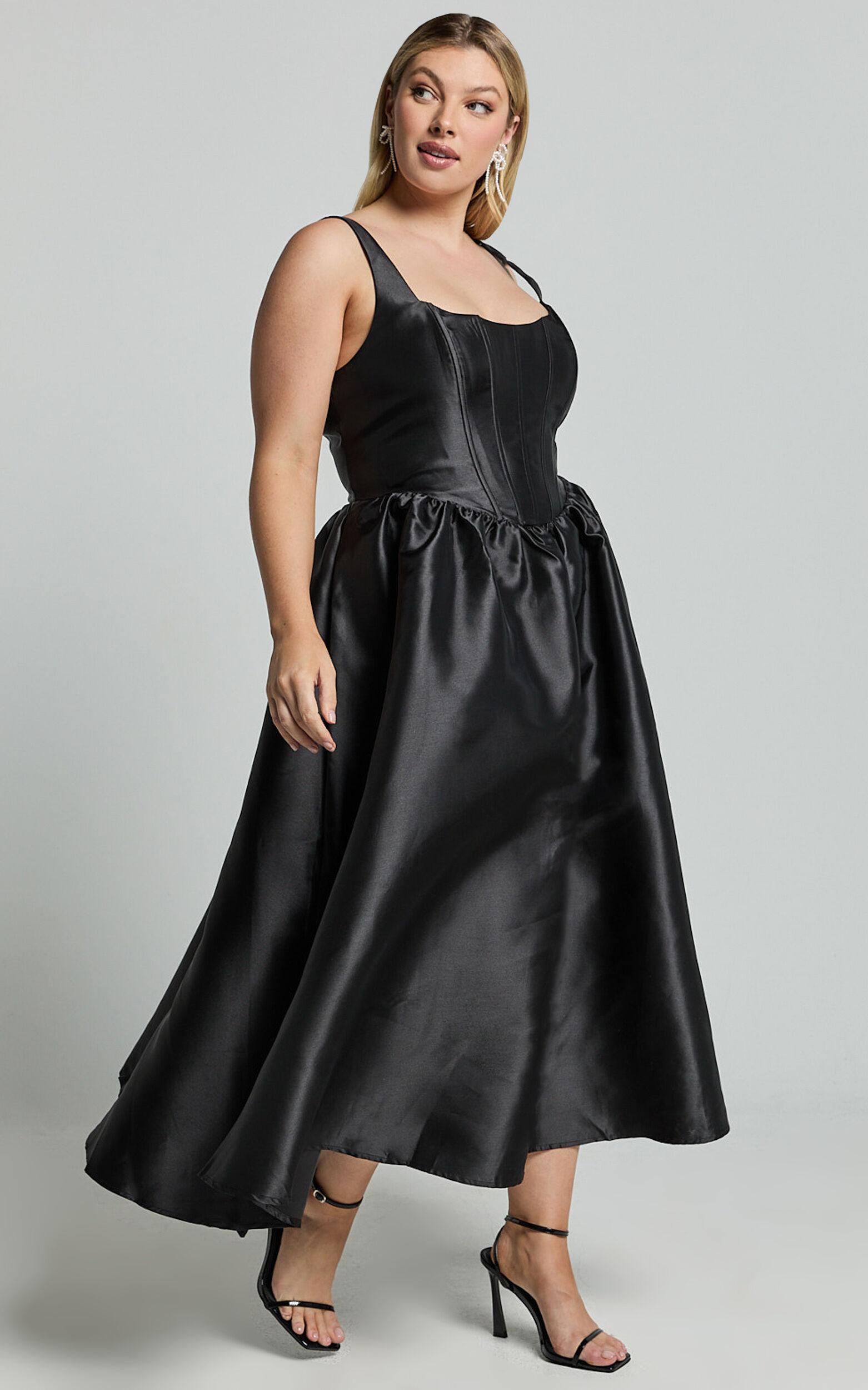 Courtney Midi Dress - Corset Panel Low Back Dress in Black Product Image