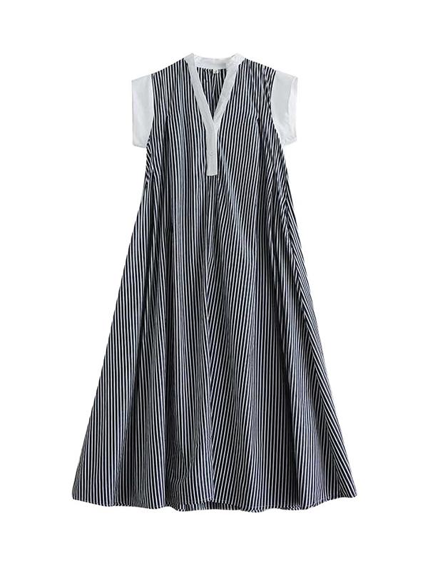 Cap Sleeve Loose Buttoned Striped Lapel Maxi Dresses Shirt Dress Product Image