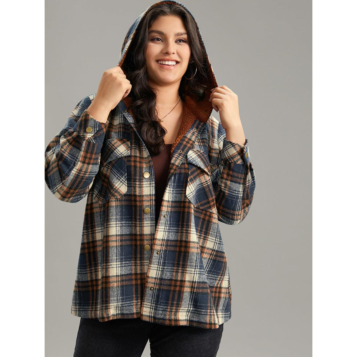 Plus Size Plaid Patchwork Pocket Button Through Hooded Coat Women Multicolor Casual Contrast Ladies Dailywear Winter Coats BloomChic 22-24/3X Product Image