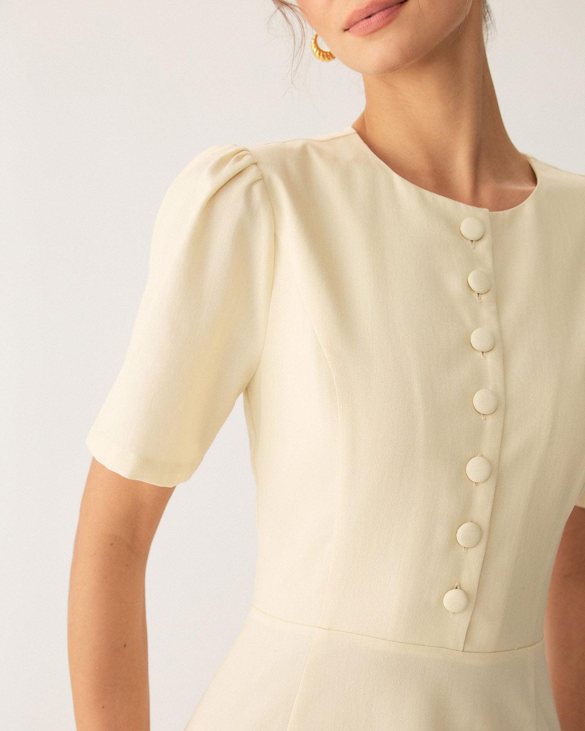Beige Puffed Sleeve Button Midi Dress Product Image