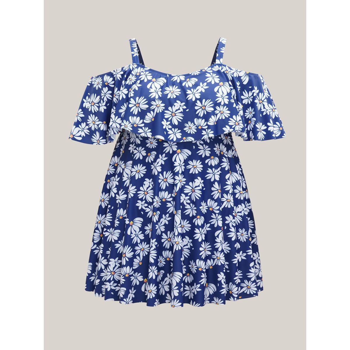 Plus Size Floral Print Cold-Shoulder Swim Dress Women's Swimwear Aegean Beach Bodycon One-shoulder neck High stretch Curve Swim Dresses BloomChic 18-20/2X Product Image