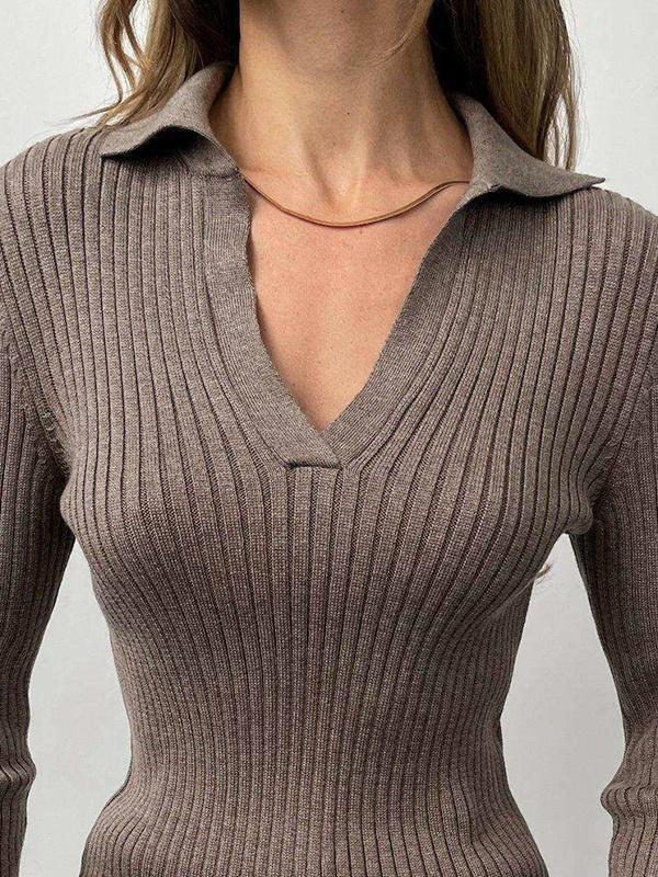 Solid Color Ribbed Polo Neck Sweater Product Image