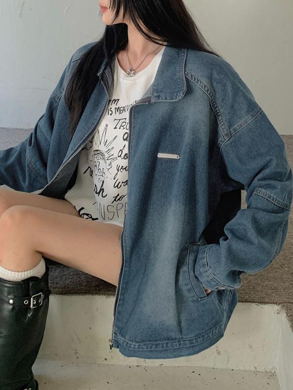 Vintage Blue Lapel Neck Zip Up Denim Jacket Product Image