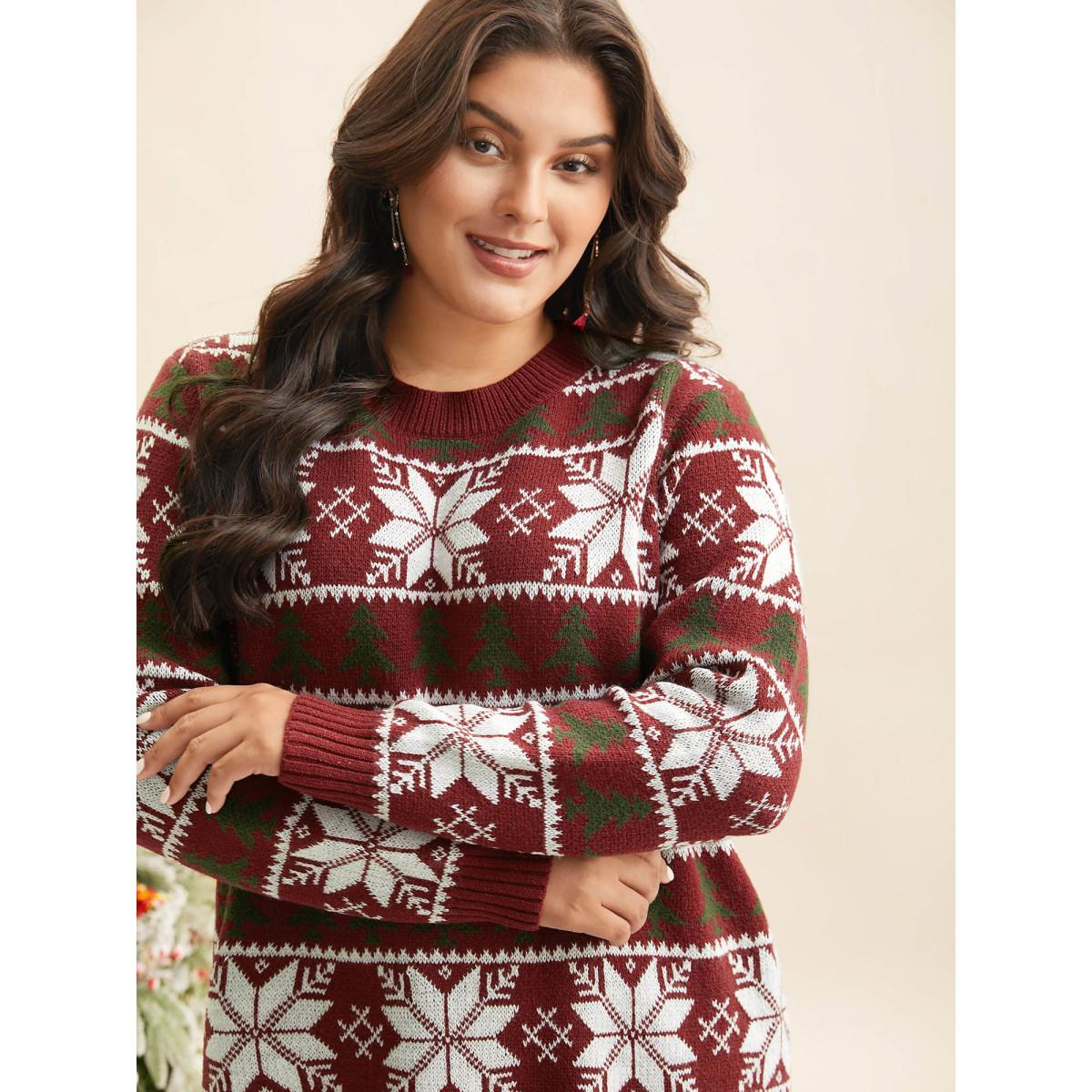 Plus Size Supersoft Essentials Snowflakes Pattern Ribbed Pullover Scarlet Women Casual Loose Long Sleeve Round Neck Everyday Pullovers BloomChic 26/4X Product Image
