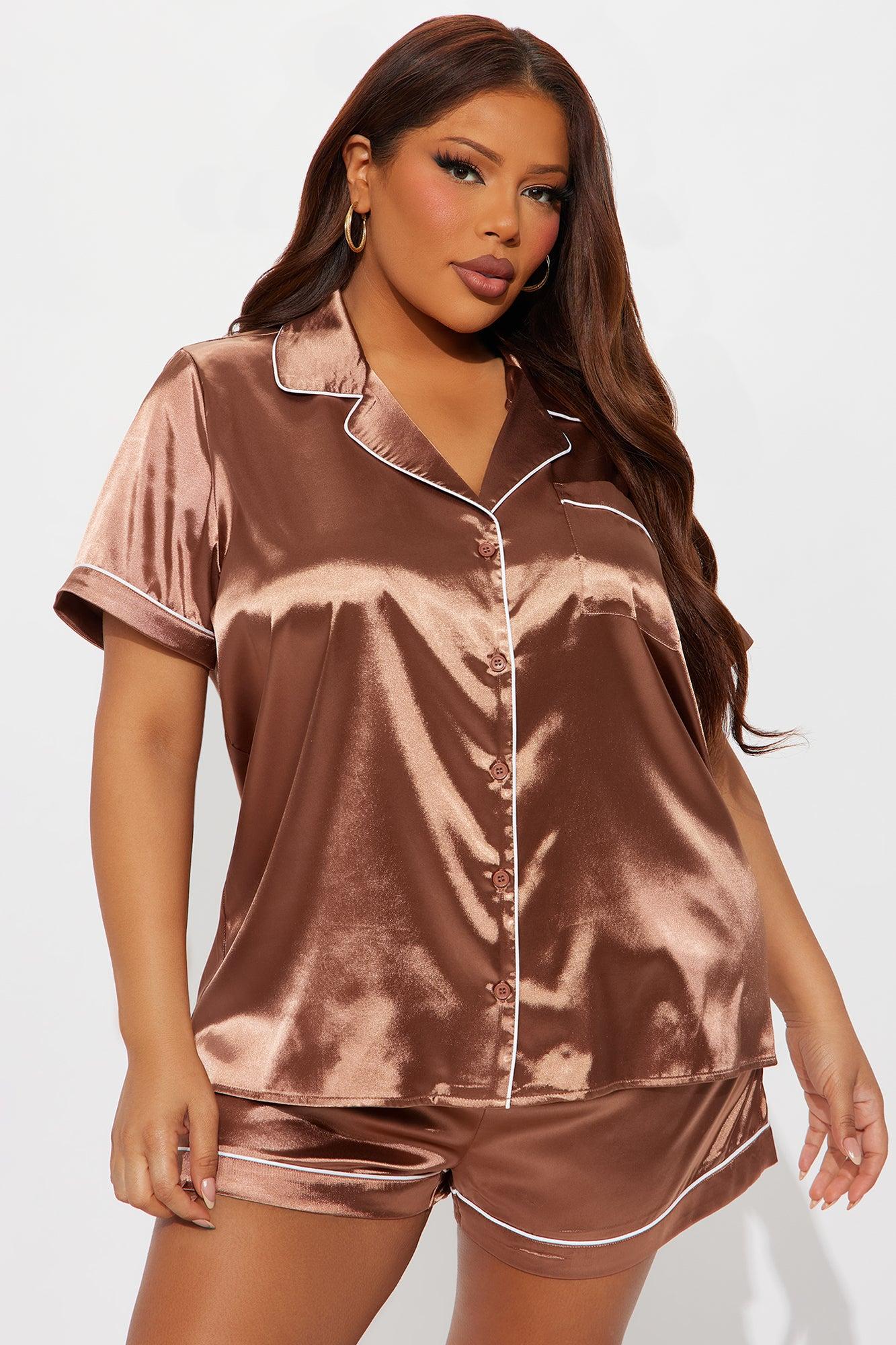 Bedtime Satin Short Sleeve PJ Short Set - Mocha Female Product Image