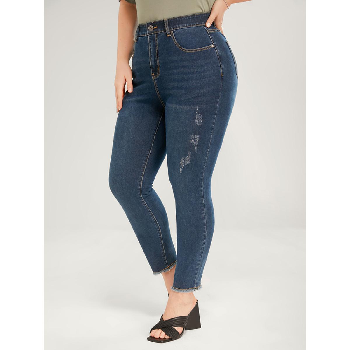 Plus Size Skinny Very Stretchy Mid Rise Dark Wash Gap Proof Jeans Women DarkBlue Casual Plain Tummy control High stretch Pocket Jeans BloomChic 30/6X Product Image