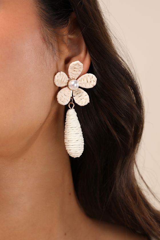 Shiloh Ivory Raffia Flower Drop Earrings Product Image