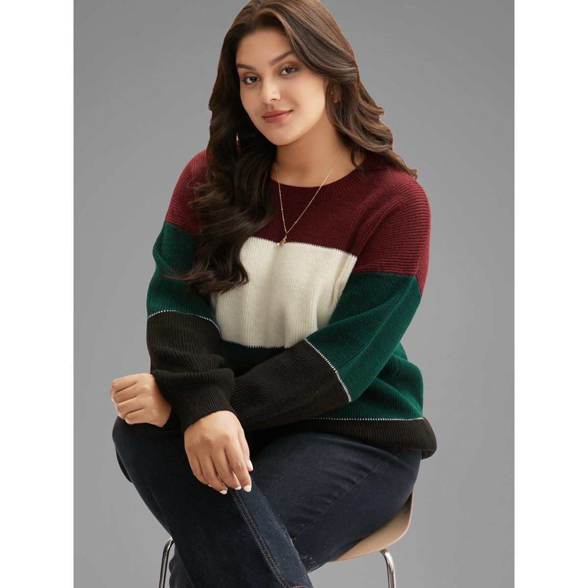 Plus Size Supersoft Essentials Holiday Color Block Pullover Multicolor Women Leisure Loose Long Sleeve Round Neck Casual Pullovers BloomChic 28/5X Product Image