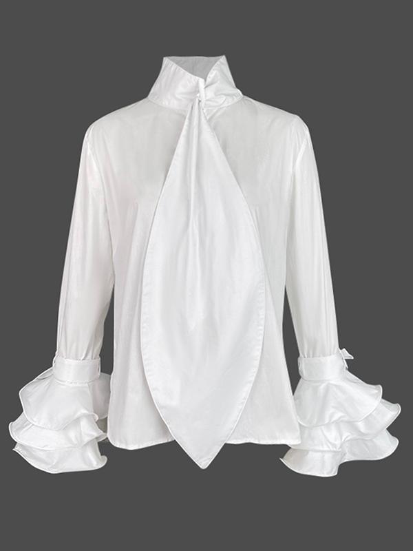 Flared Sleeves Long Sleeves Buttoned Falbala Solid Color Stand Collar Blouses&Shirts Tops Product Image