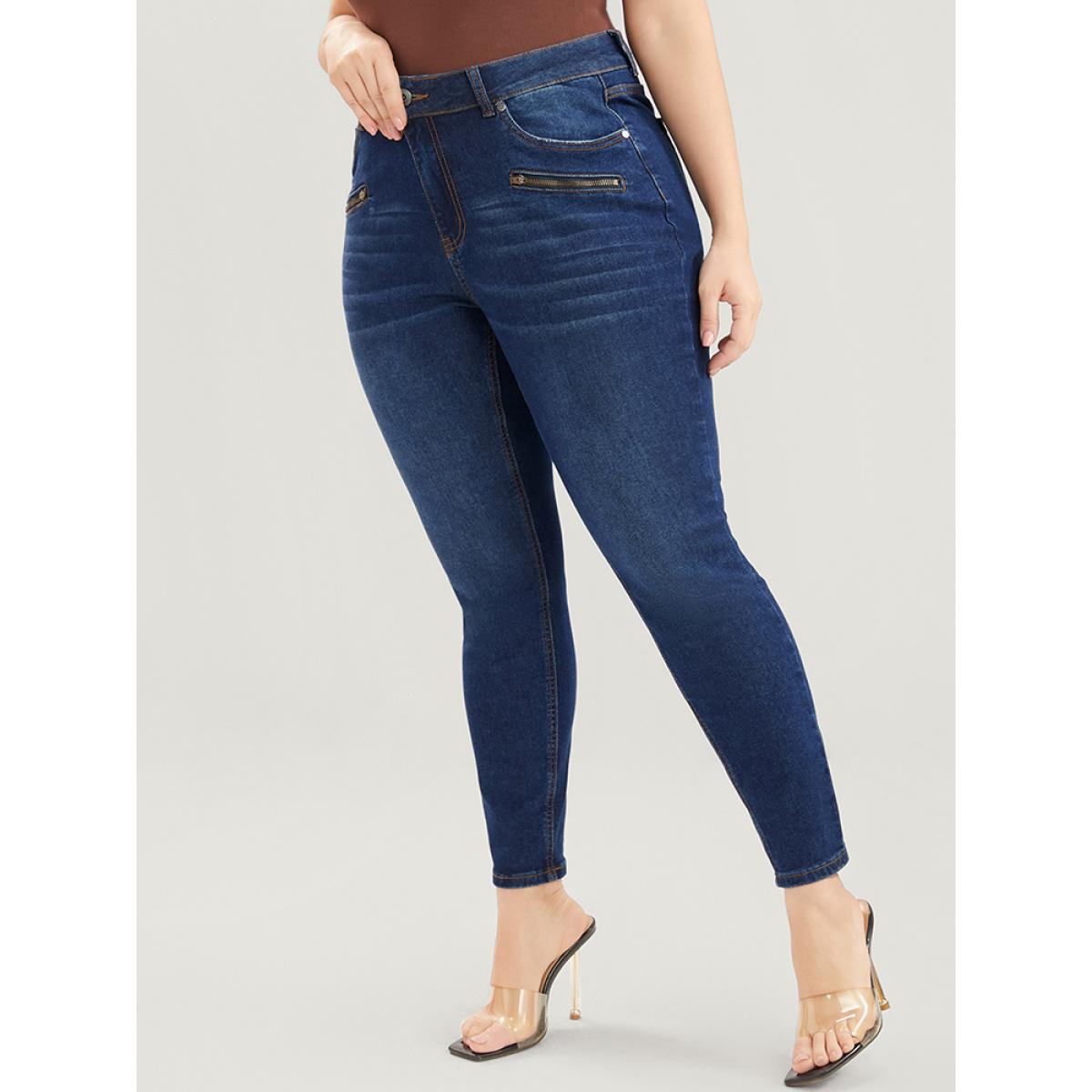 Plus Size Skinny Slightly Stretchy High Rise Dark Wash Zipper Front Jeans Women Indigo Casual Plain Zipper Low stretch Pocket Jeans BloomChic 16/1X Product Image