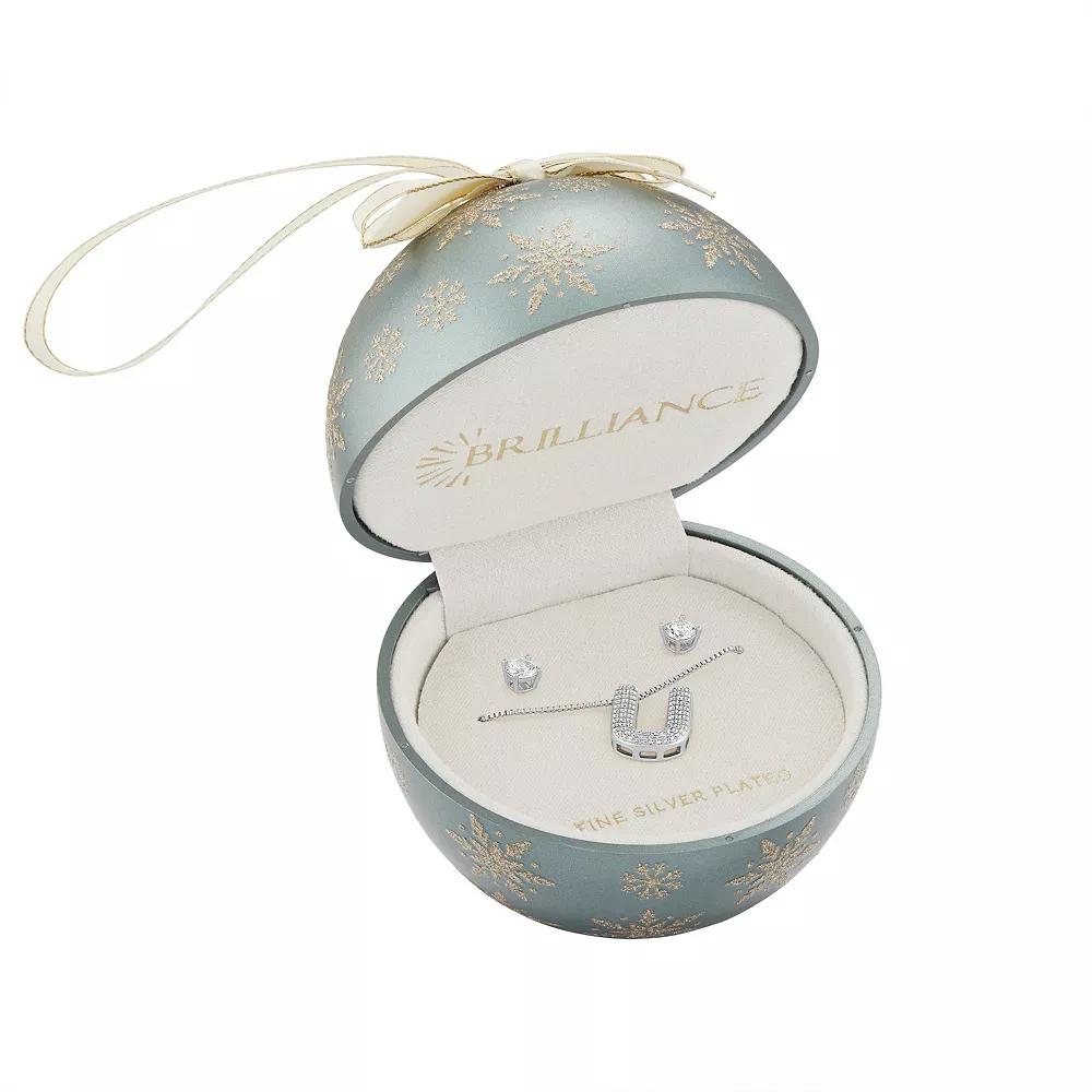 Brilliance Cubic Zirconia Stud Earrings & Bubble Initial Pendant Necklace Set, Womens Silver Tone X Product Image