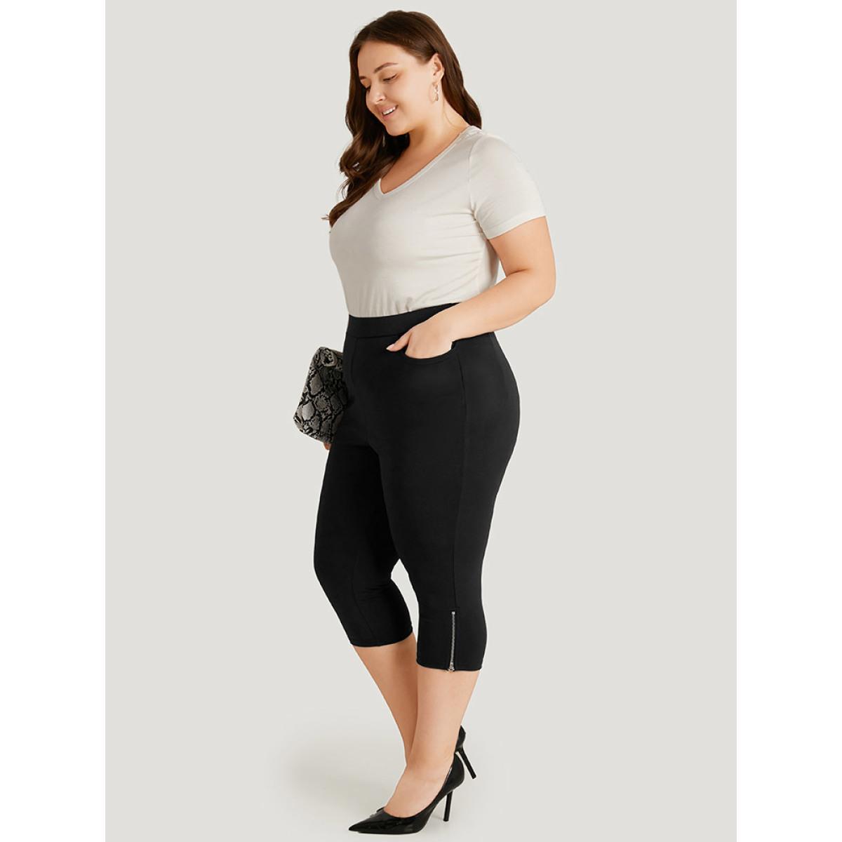 Plus Size Plain Skinny Pocket Zipper Cropped Pants Women Black Office Bodycon High Rise Office Pants BloomChic 10/M Product Image