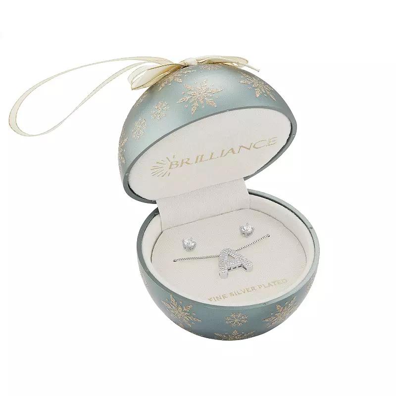 Brilliance Cubic Zirconia Stud Earrings & Bubble Initial Pendant Necklace Set, Womens Silver Tone X Product Image