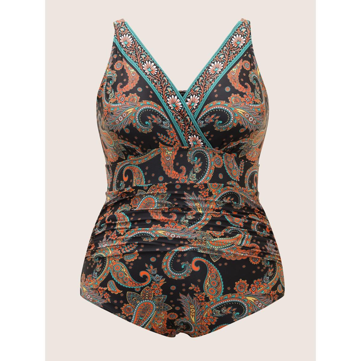 Plus Size Paisley Print Overlap Collar Ruched One Piece Swimsuit Women's Swimwear Black Beach Gathered Curve Bathing Suits High stretch One Pieces BloomChic 28/5X Product Image