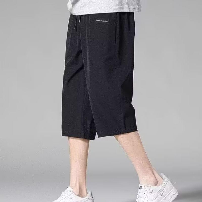 Drawstring  Waist Lettering Applique Capri Straight Leg Pants Product Image