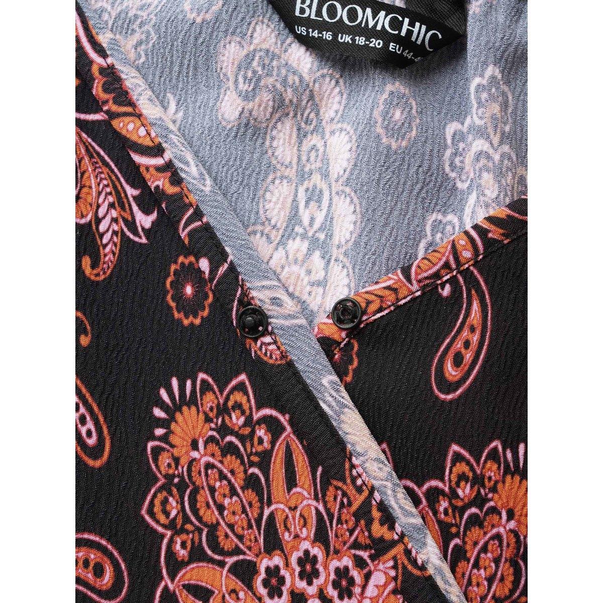 Plus Size Overlap Collar Boho Print Ruffle Sleeve Dress Black Women Resort Gathered Overlap Collar Short sleeve Curvy BloomChic 12/L Product Image