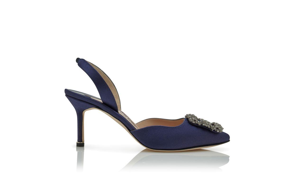 HANGISLI Navy Blue Satin Jewel Buckle Slingback Pumps Product Image