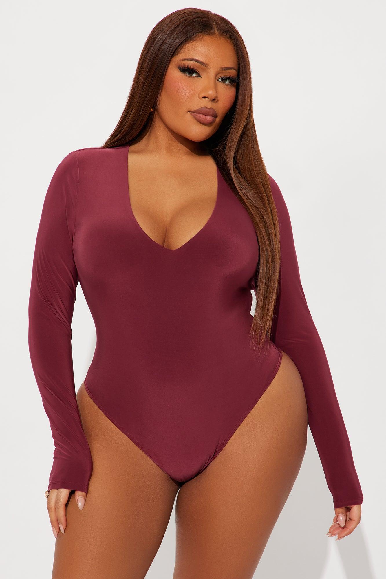 Take The Plunge Lined Long Sleeve Bodysuit - Burgundy Female Product Image
