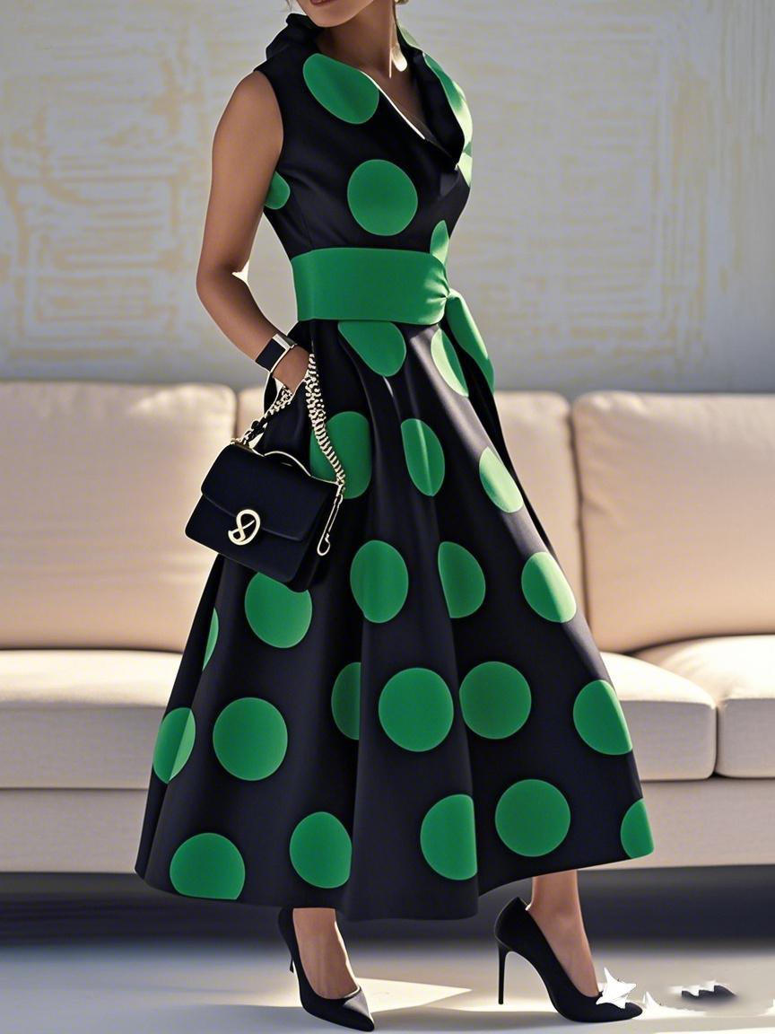 A-Line Loose Pockets Polka-Dot Split-Joint Tied Waist Lapel Maxi Dresses Shirt Dress Product Image