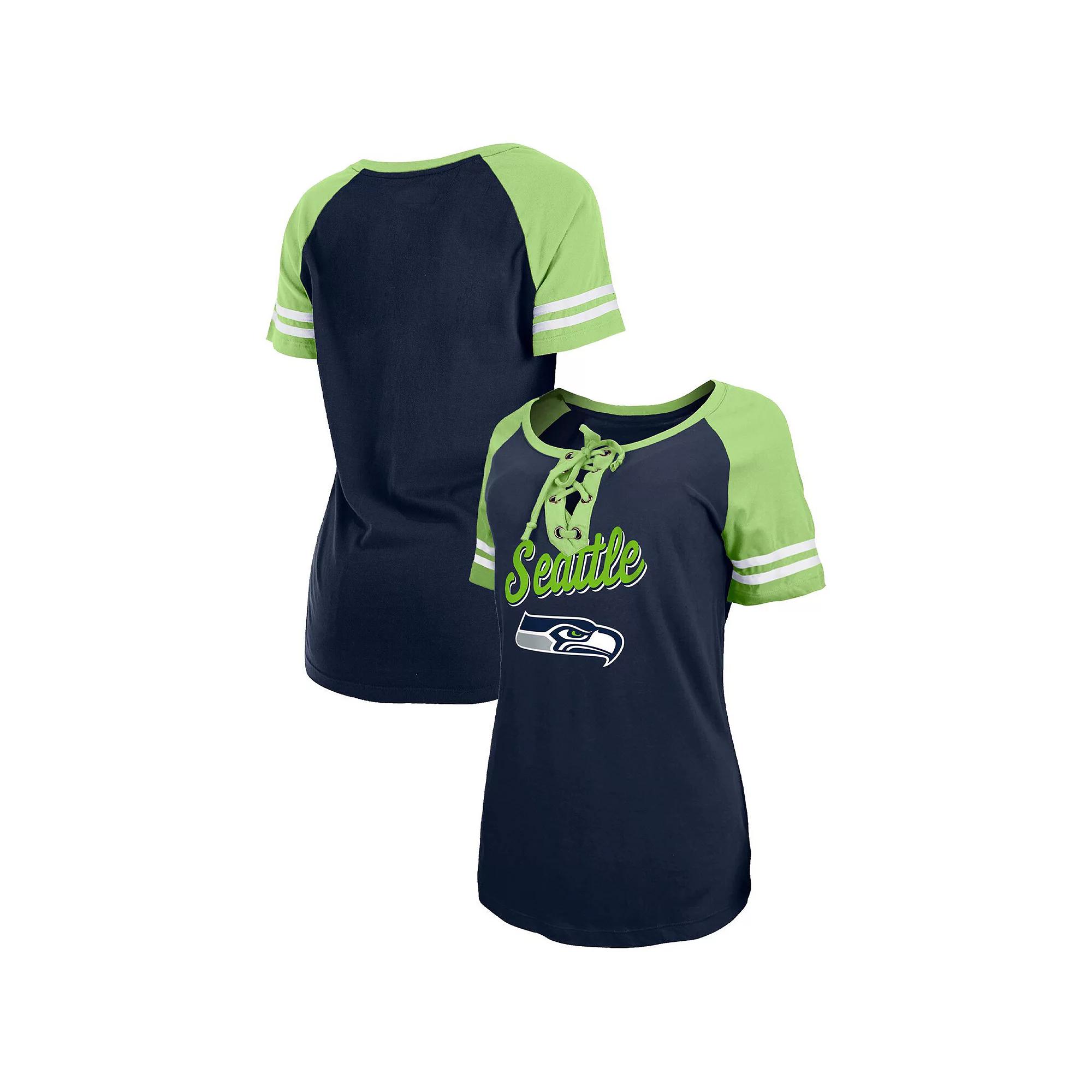Women's New Era College Navy/Neon Green Seattle Seahawks Lightweight Lace-Up Raglan T-Shirt,  Product Image