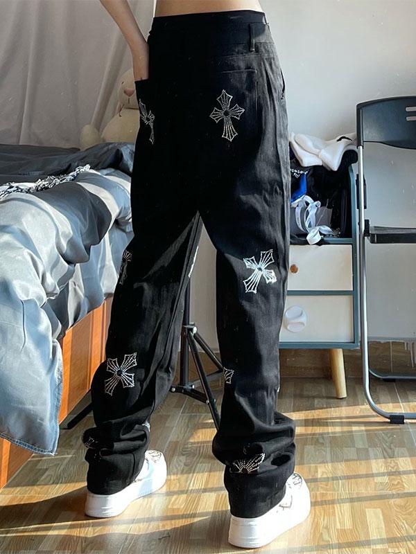 Men's Cross Rhinestone Loose Fit Jeans Product Image
